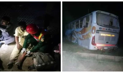 Tire burst overturns bus killing three in Rahin Yar Khan