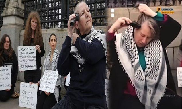 خواتین نے اسرائیلی مظالم کے خلاف احتجاجا اپنے بال کاٹ دیے