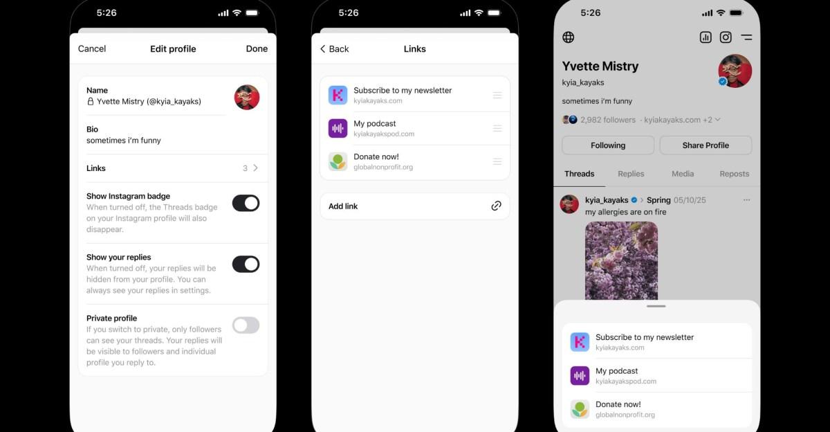 Threads follows Instagram with more links in bio