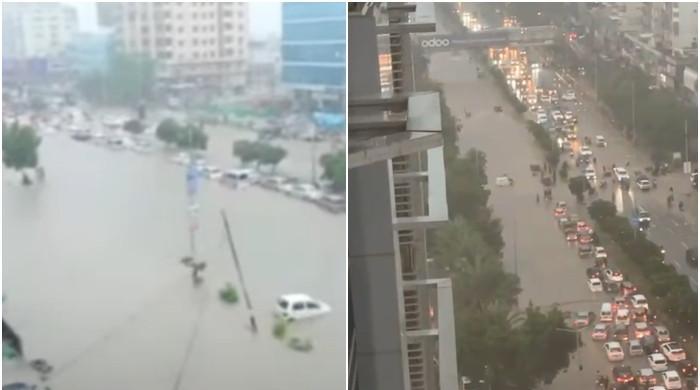 کراچی : موسلا دھار بارش سےٹریفک کا  نظام درہم برہم، پانی گھروں میں داخل، بجلی سپلائی معطل