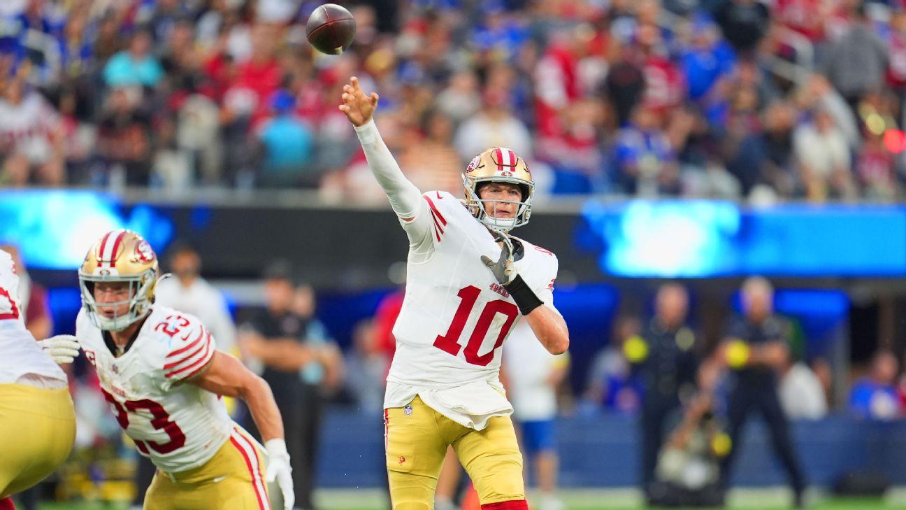 49ers set to start QB Jones again; Pearsall out