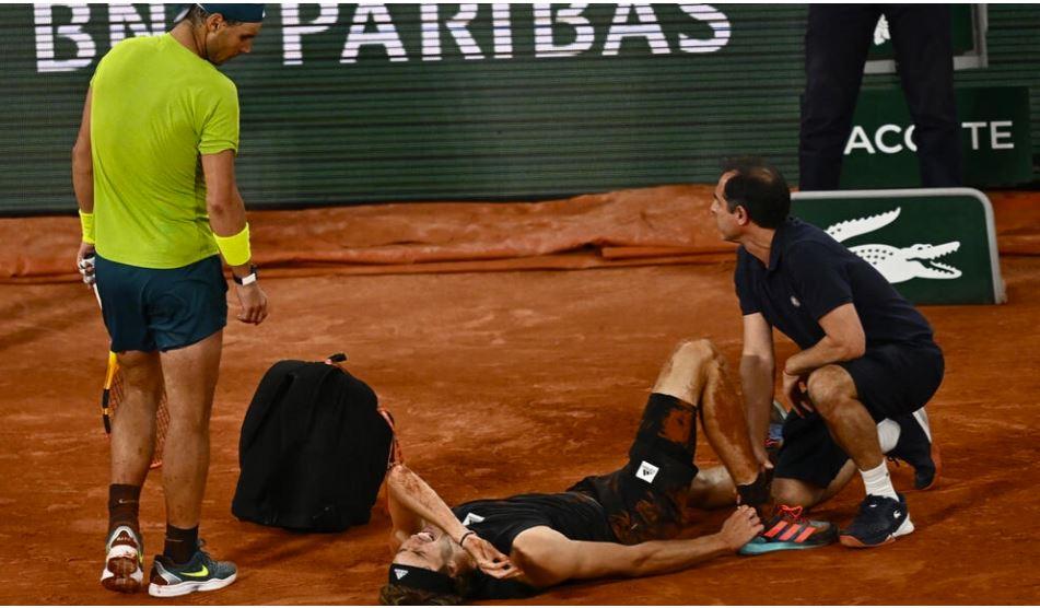 Nadal reaches 14th French Open final as Zverev quits with horror injury