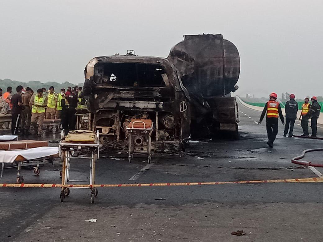 20 killed, six injured in fiery bus-oil tanker collision