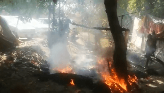 Camp outside Imran’s residence catches fire