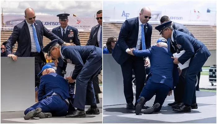 US President Biden falls on stage during ceremony