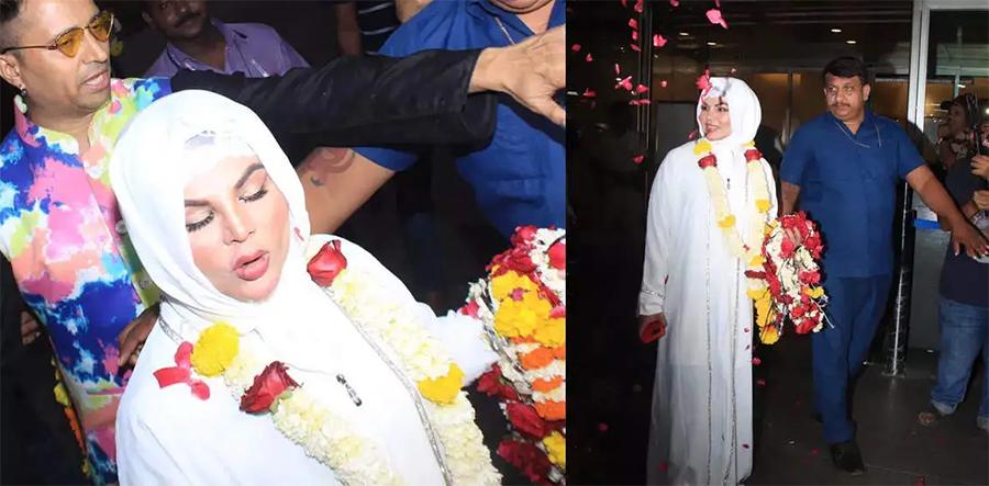 عمرہ سے واپسی پر راکھی ساونت کا ایئرپورٹ پر پھولوں سے استقبال