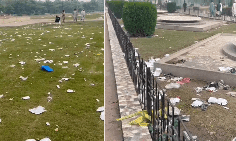 مسلم لیگ ن کے مینار پاکستان جلسے کے بعد گراؤنڈ میں گندگی اور کوڑا کرکٹ کے ڈھیر لگ گئے