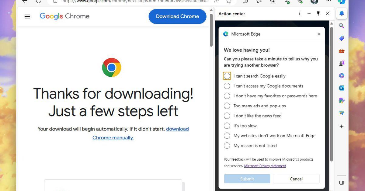 Microsoft now thirstily injects a poll when you download Google Chrome