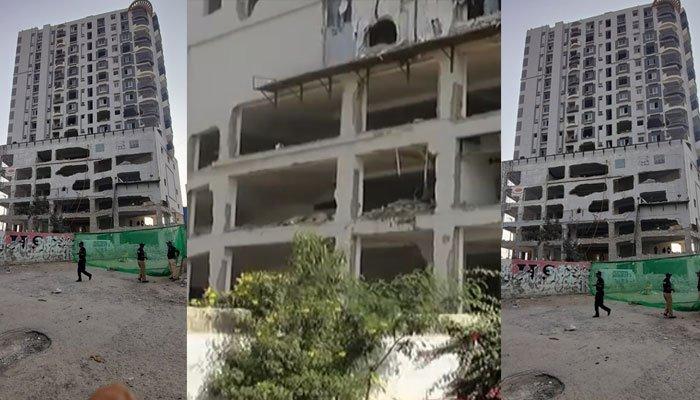 نسلہ ٹاور گرانے کا کام جاری، اطراف کی تمام سڑکیں بند