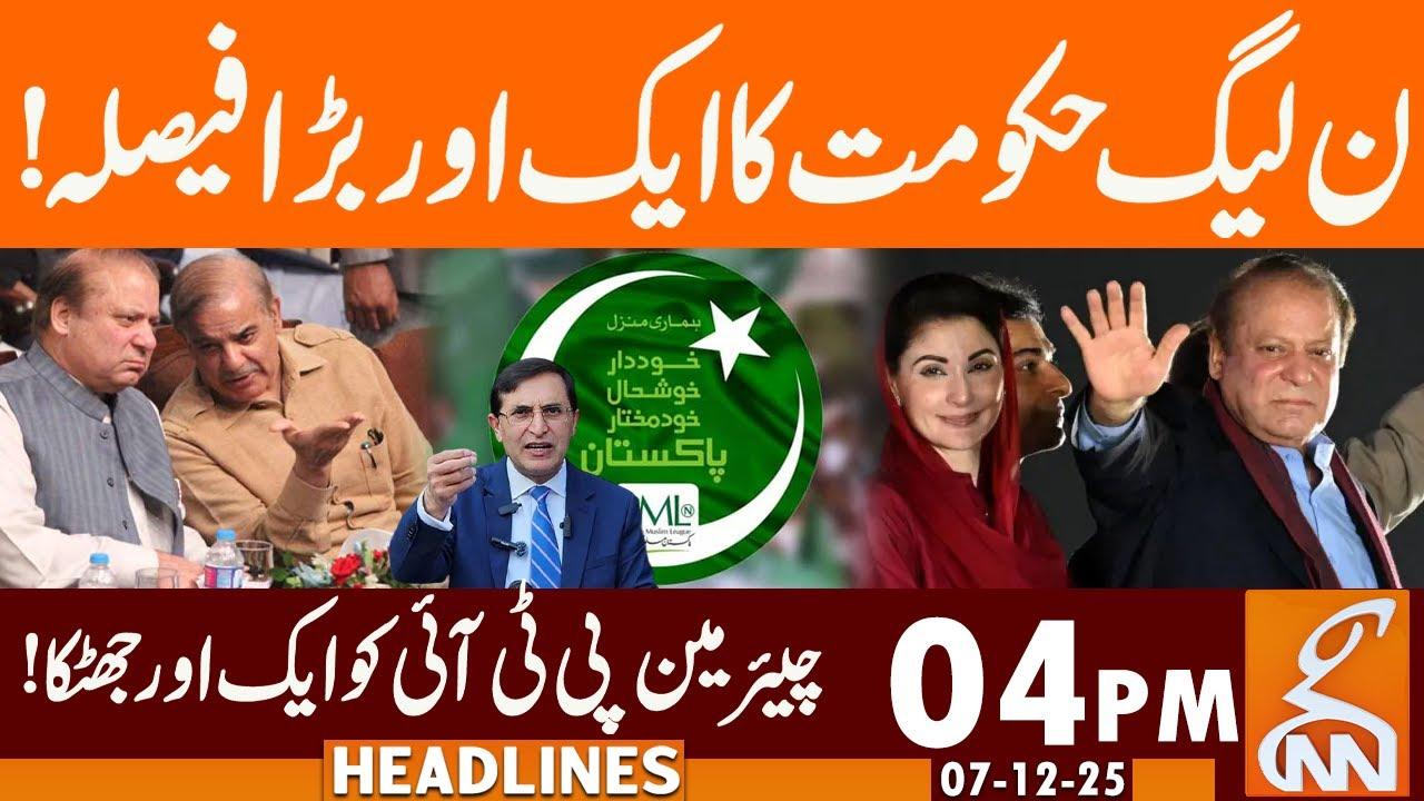 This video image about Setback for the PTI | Big decision by PML-N government | News Headlines | 04 PM | 07 Dec 25 | GNN