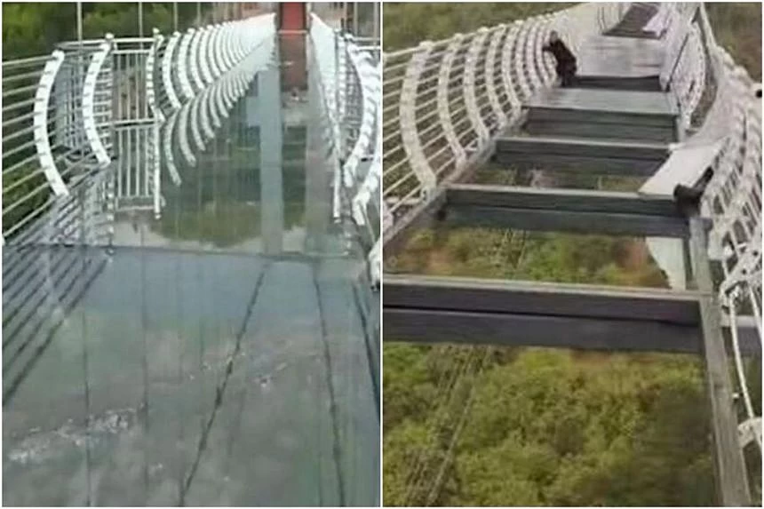 Tourist left clinging to 100m-high bridge after glass panels smash in China