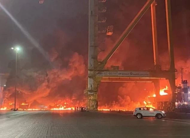 Fiery explosion erupts on ship at Jebel Ali Port in Dubai