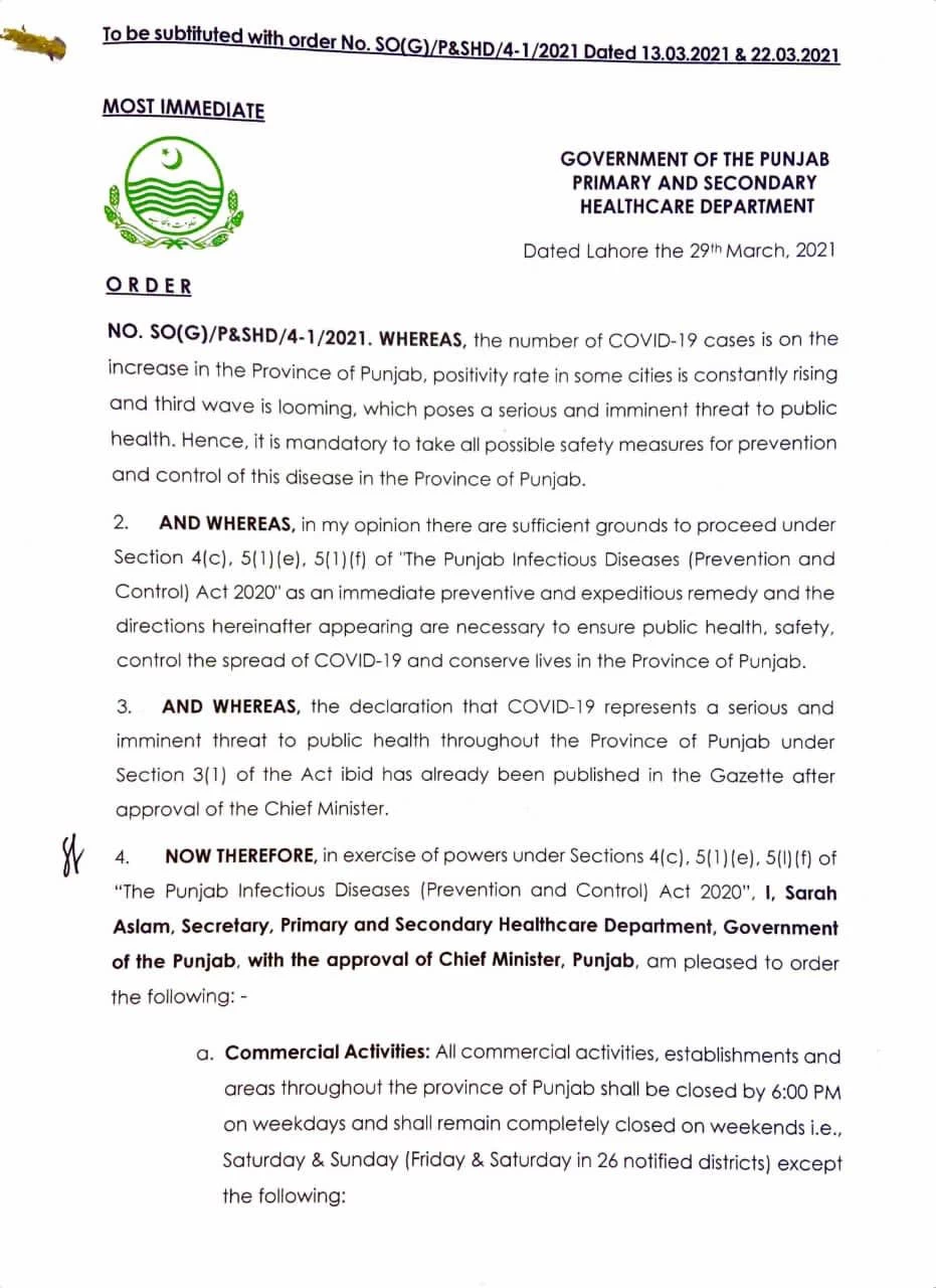 Punjab issues updated lockdown notification