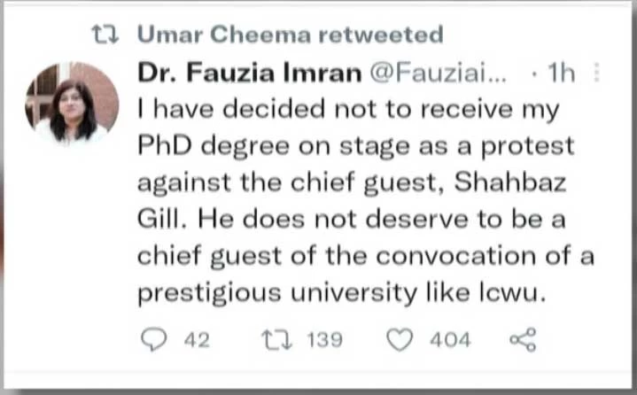 Dr Fauzia refuses to recieve PhD degree from Shahbaz Gill