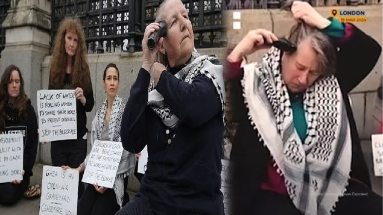 خواتین نے اسرائیلی مظالم کے خلاف احتجاجا اپنے بال کاٹ دیے