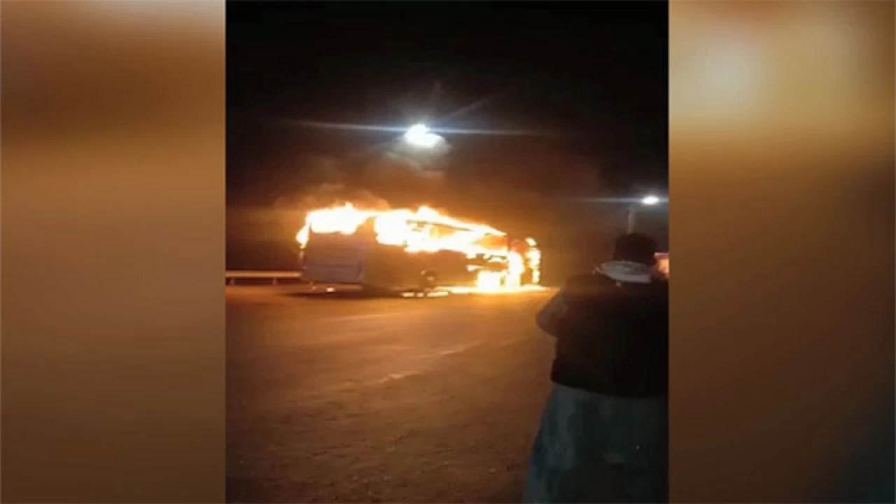 Passenger bus catches fire in Jamshoro