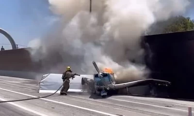 Plane crash-lands on US highway; bursts into flames  