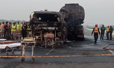 20 killed, six injured in fiery bus-oil tanker collision