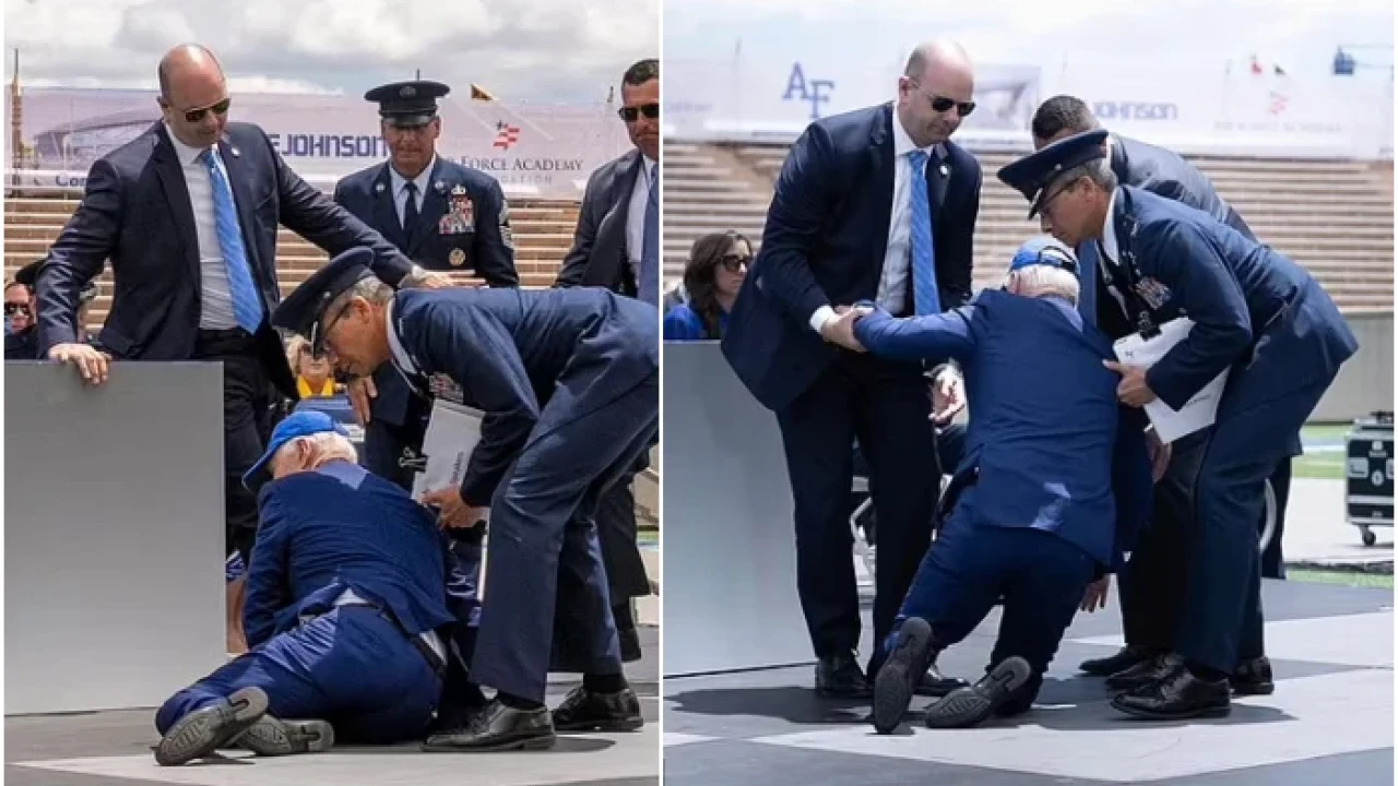 US President Biden falls on stage during ceremony