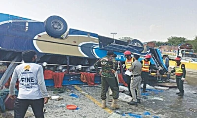 Three killed as passenger bus overturns on highway