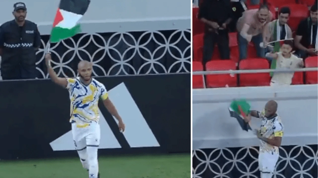 Algerian player waves Palestinian flag after scoring goal in Qatar league