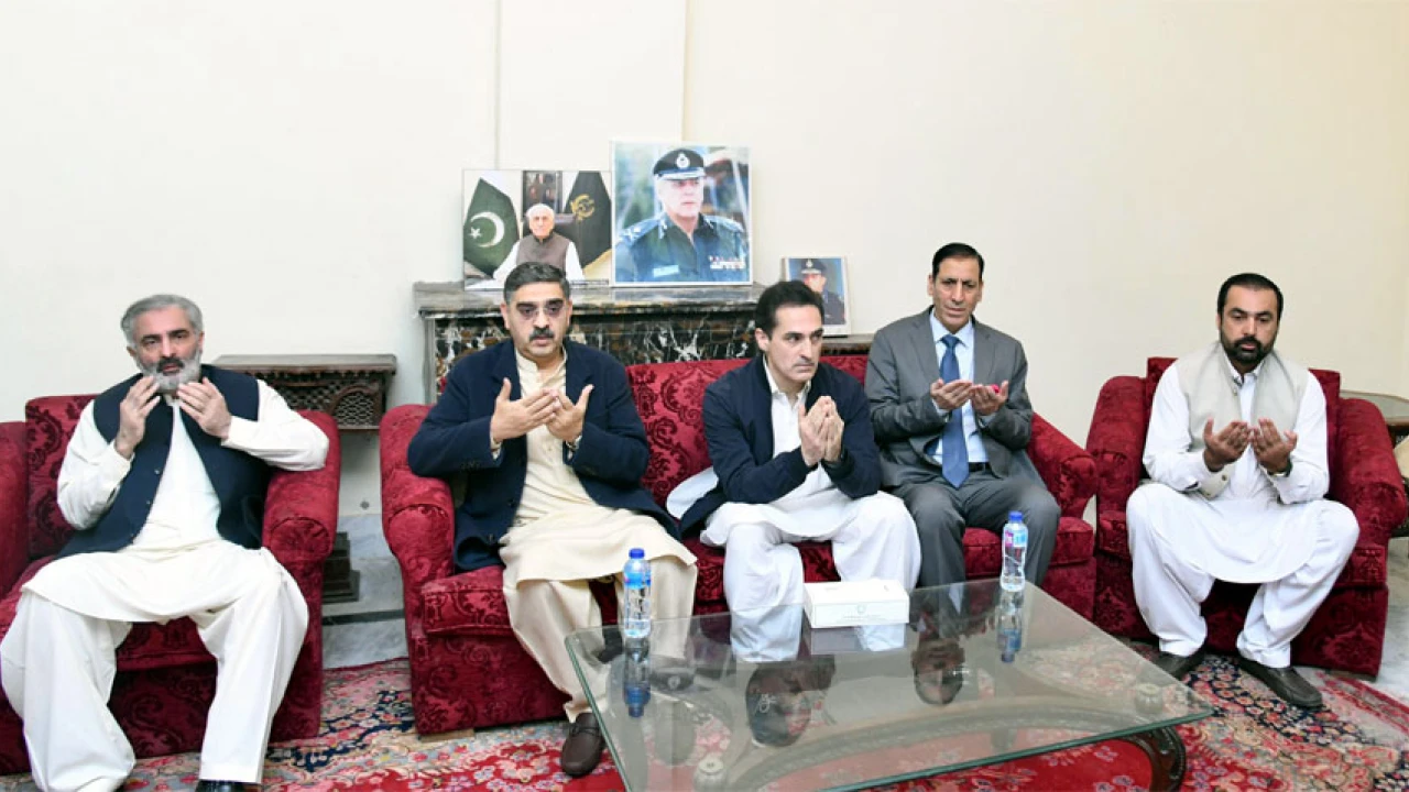 Caretaker PM visits residence of late former KP CM Azam Khan in Charsadda